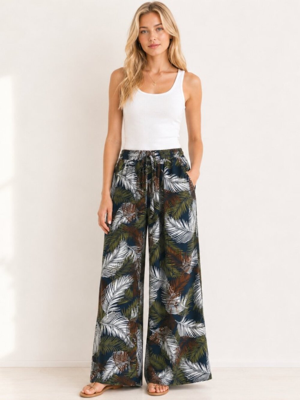 GiGiO USA Tropical Palm Leaf Wide Leg Palazzo Pants S Navy Green Tropical S